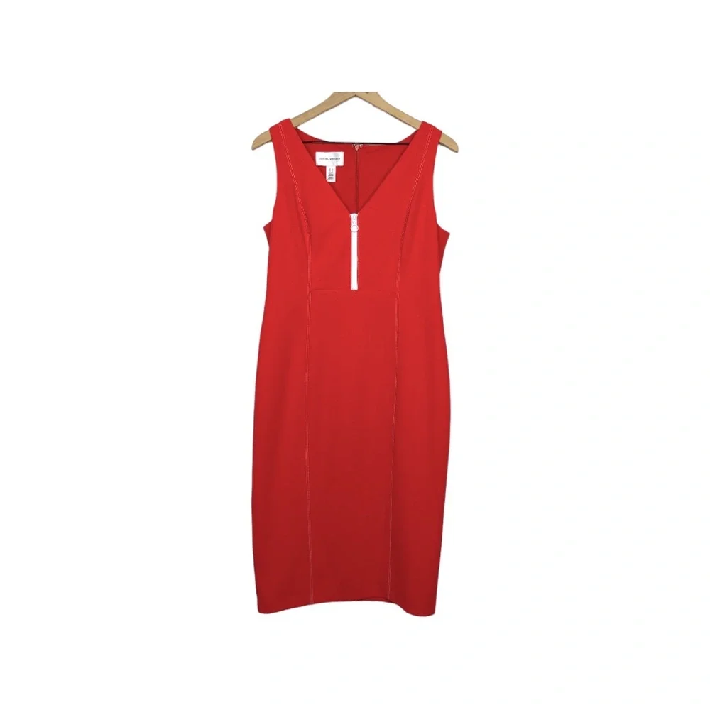 DONNA MORGAN. Orange Sleeveless Partial Front Zip Bodycon Midi Dress Size 12 - Picture 2 of 7